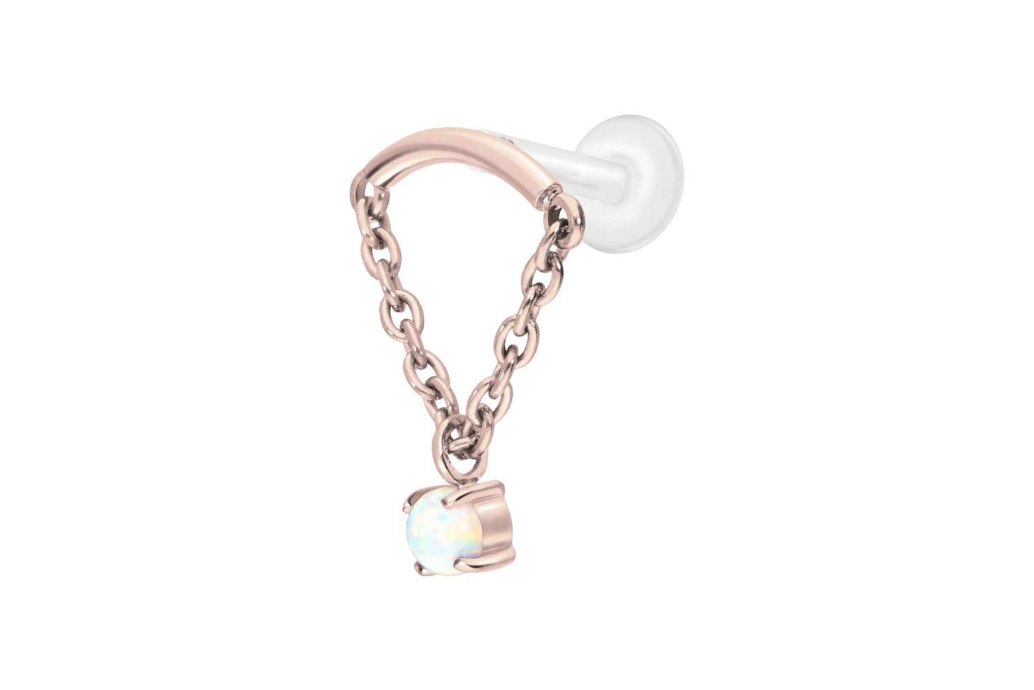 PTFE Labret Piercing mit Innengewinde + Titan-Aufsatz BOGEN + KETTE + SYNTHETISCHER OPAL